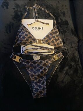 Celine black and brown Gold Logo Bikini Set with Signature Hardware